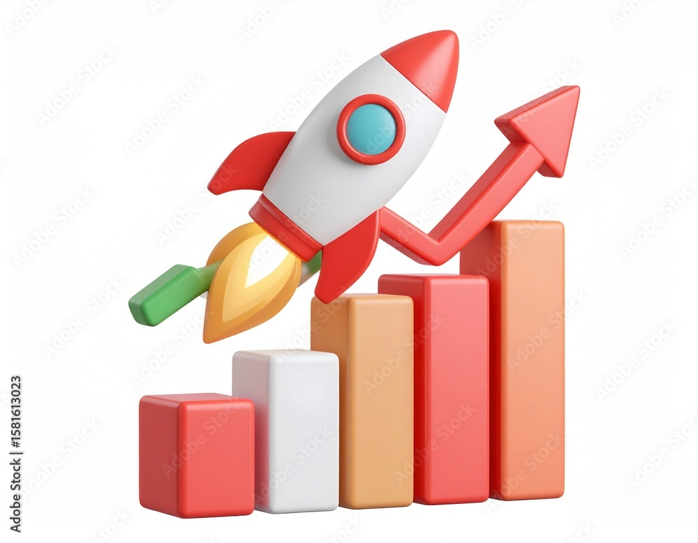 Poster 3d rocket launching above business chart depicting growth progress with colorful blocks and red arro