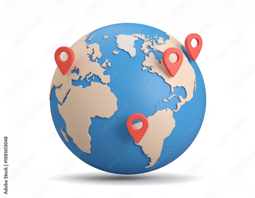 Poster 3d spinning globe with red location markers against clear background demonstrating global logistics 