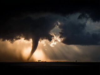 Obraz premium Experience Dramatic Contrast of a Sunlit Tornado Against a Dark Stormy Sky Weather Photography Inspiration