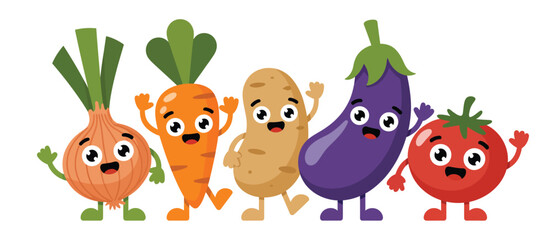  Cute cartoon vegetables waving and smiling together