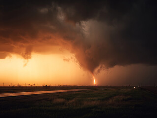 Experience the Dramatic Sunset Glow Illuminating a Powerful Tornado Spinning Fiercely Against Dark Storm Skies