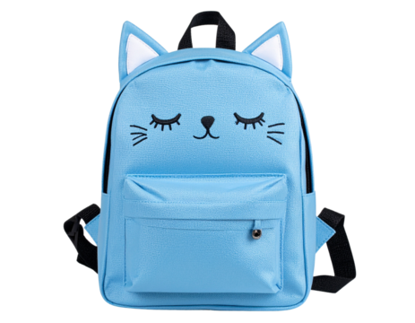  Light Blue Cat-Themed Kids Backpack with Closed Eyes and Soft Ears – Transparent Background