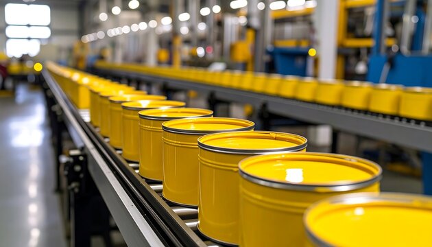 Yellow cans moving on a factory conveyor belt