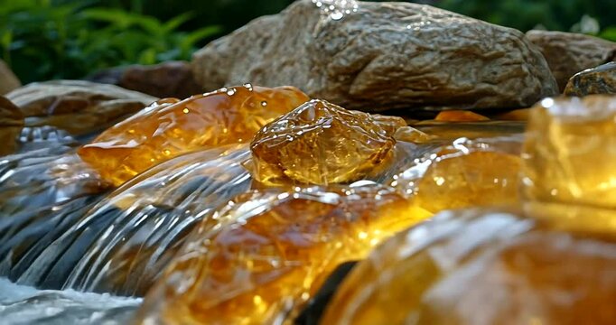 Glimmering amber stones in a tranquil water stream