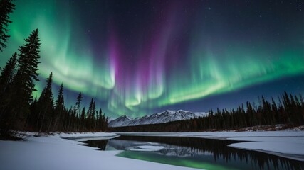 Solar Maximum Aurora Borealis Over Frozen Alaskan Lake Night Sky