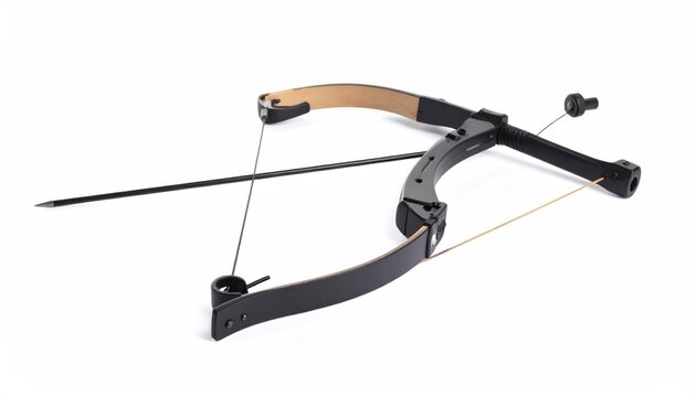 Black Bow and Arrow in Mid-Air Shot with Trajectory Arc and Isolated White Background