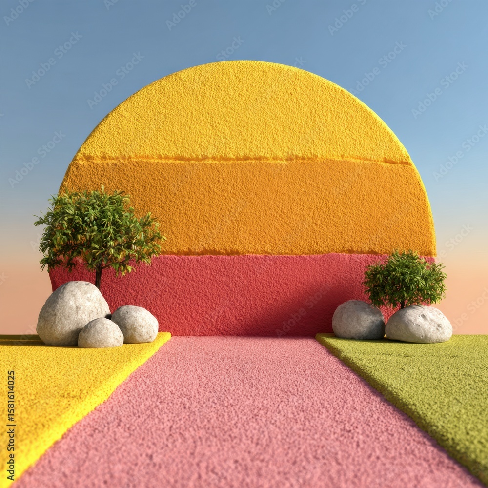 Poster abstract geometric composition: a vibrant, geometric composition featuring a color palette, soft tex