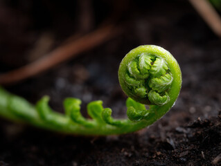 Fototapeta premium Explore Nature’s Intricacy through Macro Photography of a Vibrant Spiral Fern Frond Unfurling into Life