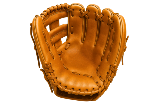 Brown leather baseball glove for playing a game of baseball on a transparent background