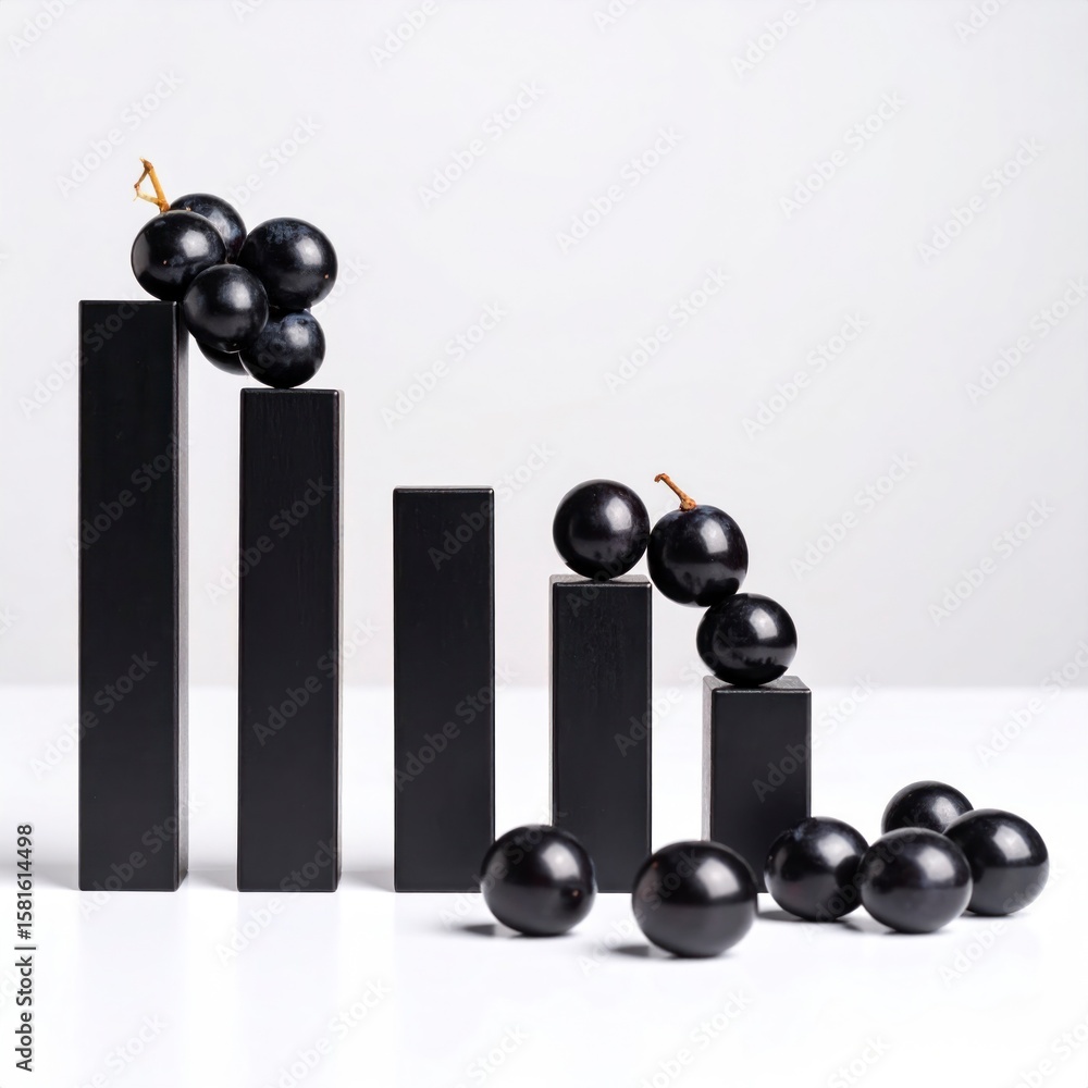Poster black grapes arranged as bar graph mockup on white surface with minimalist design elements isolated 