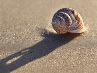 Discover sunlit spiral shell casting intricate shadows on a sandy beach during golden hour serenity