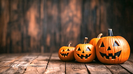 happy Halloween , Spooky Halloween background. Spooky Halloween pumpkins on wooden, Generative ai