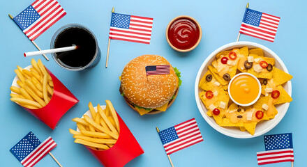Overhead view of american themed fast food including burger fries nachos and soda on a blue background
