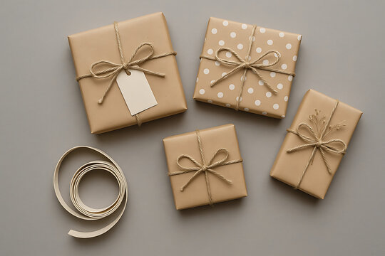 Flat lay mockup of four gift boxes with neutral wrapping paper string bows and tag for minimalist holiday packaging and eco friendly branding presentation visuals