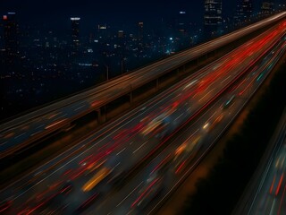 Aerial view of illuminated highway light trails at night, showcasing dynamic movement and urban landscape. Perfect for concepts of speed, transportation, and modern infrastructure