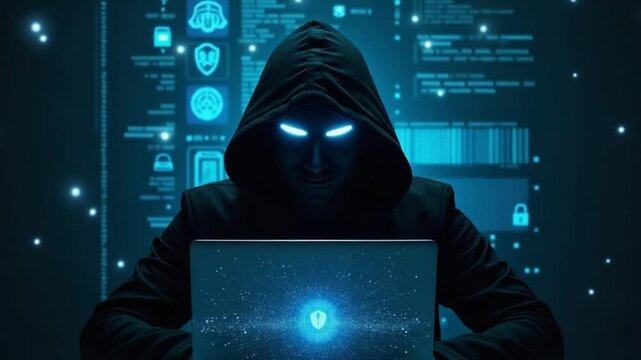 Hacker in Hoodie at Laptop with Digital Code Interface