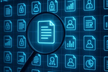 Magnifying glass over glowing blue document icons representing data and security