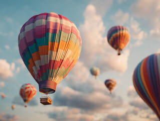 Obraz premium Soar Above Scenic Landscapes In Vibrant Hot Air Balloons Drifting Gracefully Across Golden Sunrise Horizons