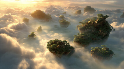 Detailed fantasy illustration featuring lush floating islands suspended high above a sea of clouds, illuminated by golden sunlight. Ideal for fantasy games, animations, book covers, or magical-themed 
