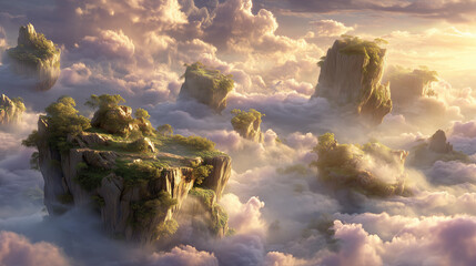 Detailed fantasy illustration featuring lush floating islands suspended high above a sea of clouds, illuminated by golden sunlight. Ideal for fantasy games, animations, book covers, or magical-themed 