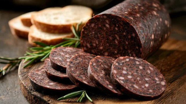 Freshly Sliced Black Pudding on Rustic Bread with Rosemary Garnish Close Up of Charcuterie Food Presentation