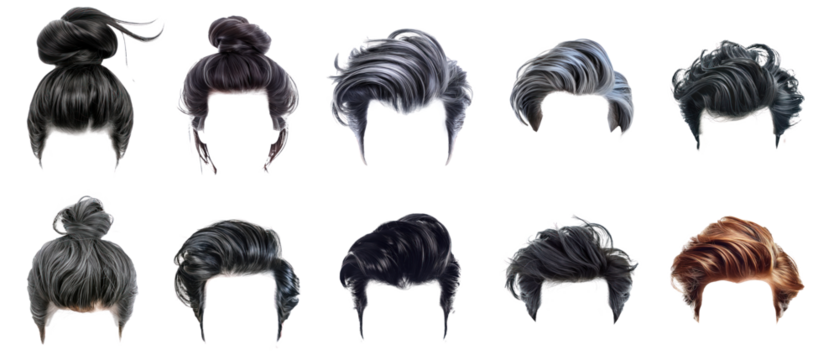 Collection of Top Knot Stylish men hair wig, fashionable hairstyle front view isolate on transparency background