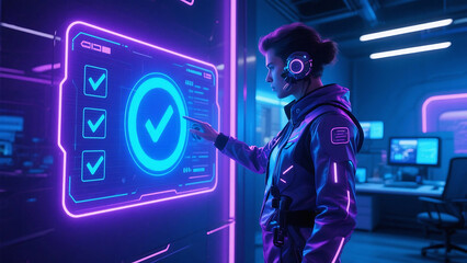 Woman interacting with a neon interface displaying checkmarks in a futuristic control room setting