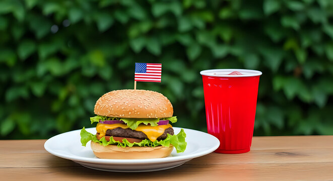 A burger with american flag and red cup on a table with green background for fourth of july celebration - Powered by Adobe