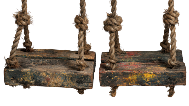 Rustic wooden swing seats hang from thick knotted ropes