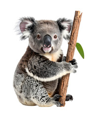 Fototapeta premium Adorable Koala Clinging to Tree Branch with Vibrant Green Leaves