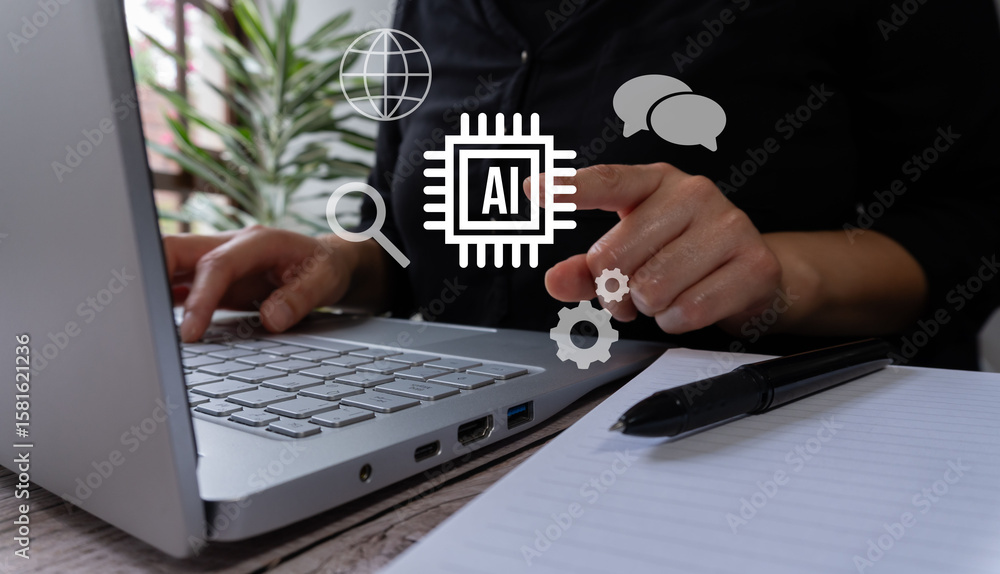 Poster a person using ai technology on their laptop, with icons of an ai chip and gears floating above the 