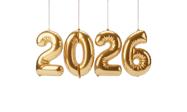 Shiny 2026 gold balloons dangle from strings