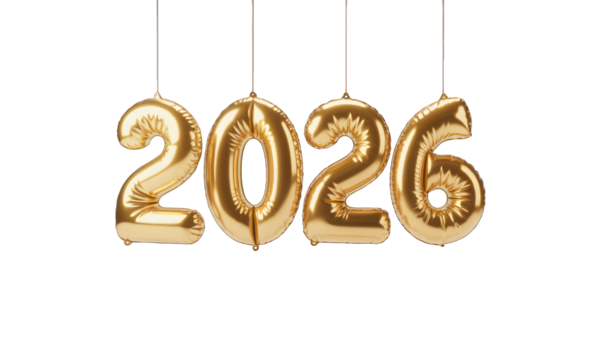 Shiny 2026 gold balloons dangle from strings