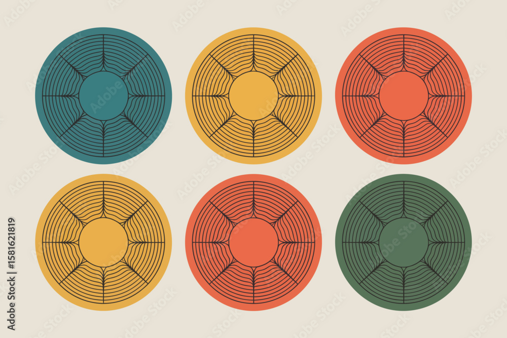Poster six vibrant retro circles create a unique abstract pattern with vintage style appeal for graphic des