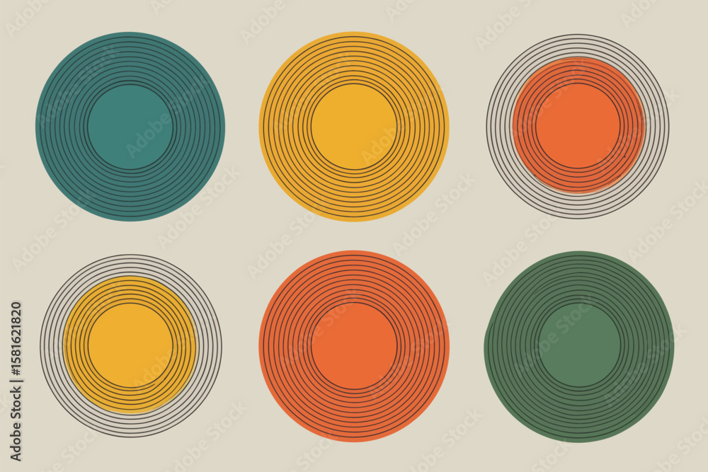 Poster circular concentric shapes create a retro aesthetic, perfect for backgrounds and graphic design with