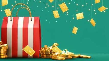Festive shopping bag with red and white stripes, surrounded by golden coins and dollar signs, enhances excitement for secure e commerce payments