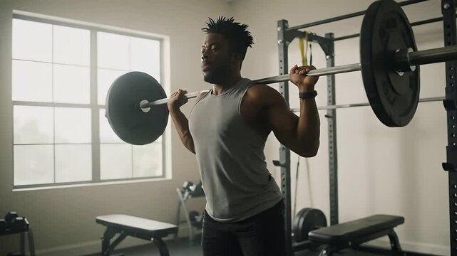 A determined athlete performs a barbell back squat exercise in a modern gym.