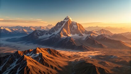 Majestic mountain landscape illuminated by sunset hues and serene river below.