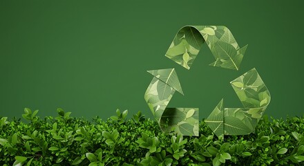 A stylized recycling symbol, crafted from leaves, rests atop lush green foliage against a matching backdrop.