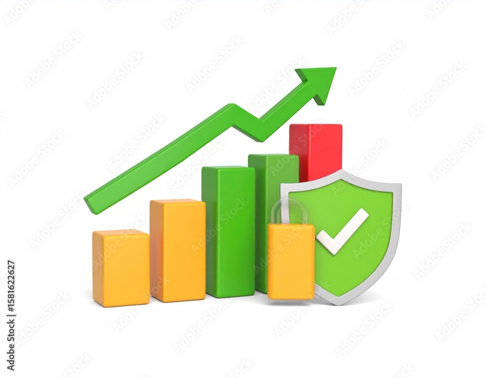 Poster financial security icon with shield lock and chart with upward arrow in green red and orange on whit