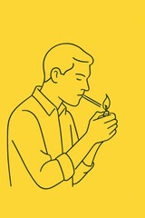 Minimalist yellow background line art of man lighting cigarette with matchstick in continuous stroke style