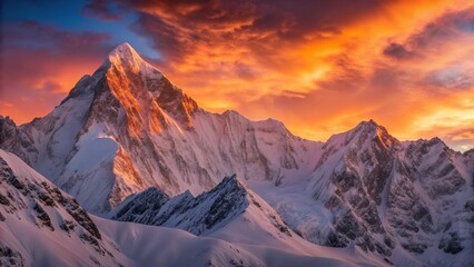 Majestic mountain peaks under a vibrant sunset sky.