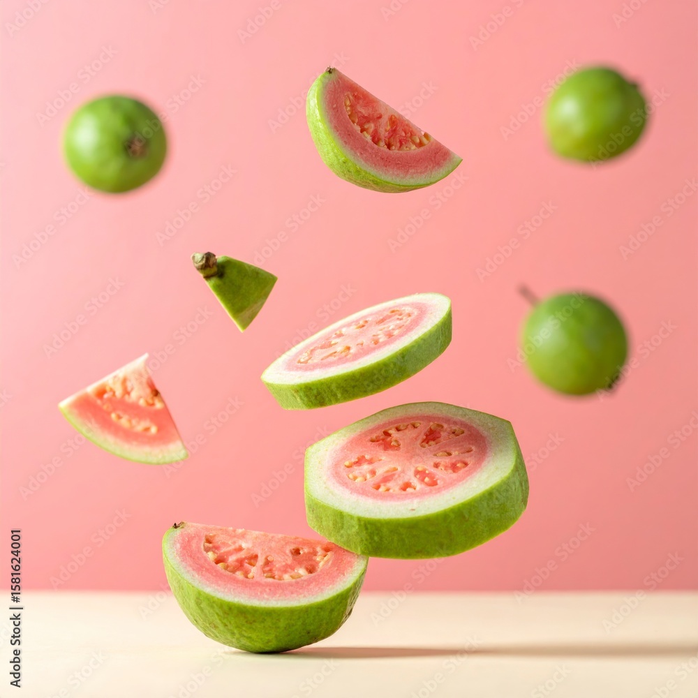 Aufkleber floating guava slices in hexagonal shapes on a soft pink background vibrant colors and detailed comp