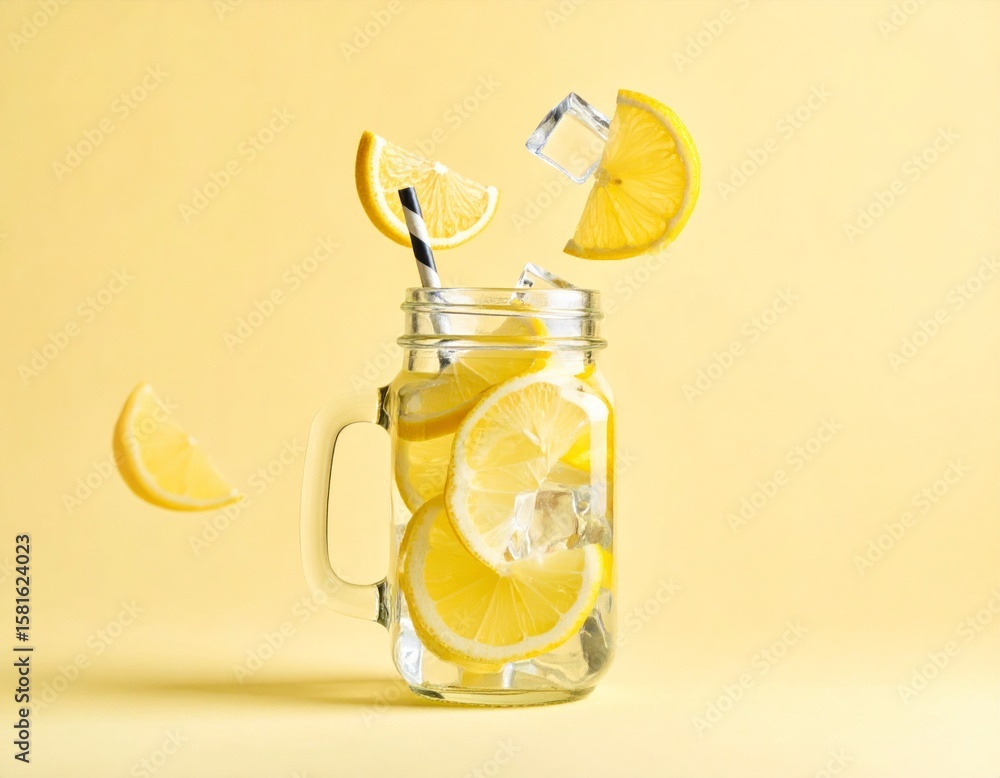 Poster floating lemon slices ice cubes and straw in transparent mason jar against a light yellow background
