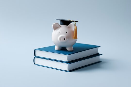 Piggy bank and graduation cap representing scholarship grant and education fund for college