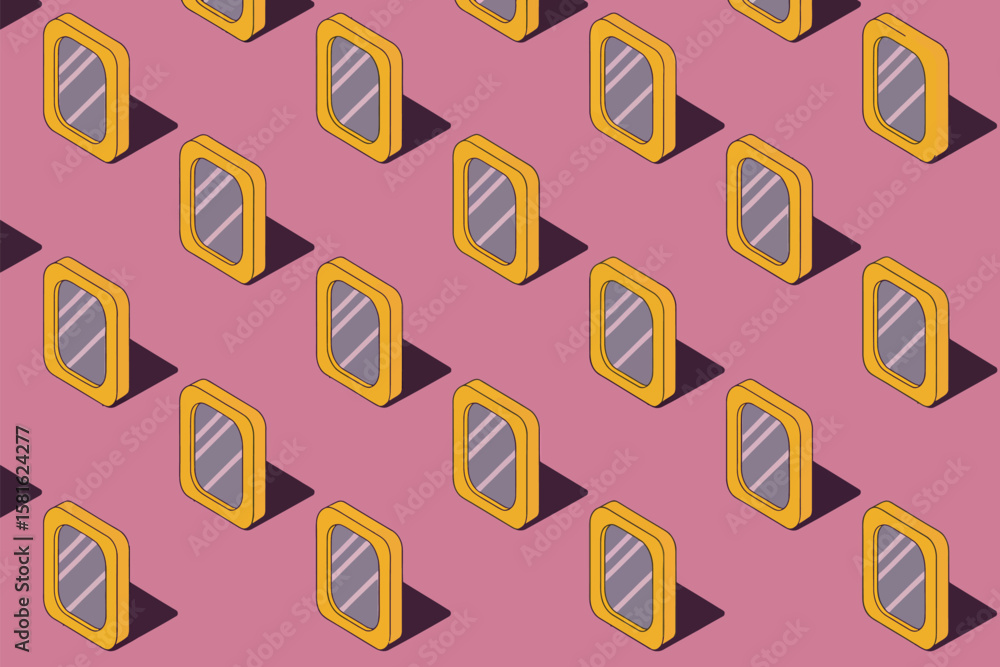 Fototapete isometric windows pattern on a pink backdrop presents a captivating visual rhythm with retro design 