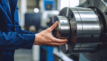 A factory worker carefully positions a metal component onto a large industrial machine.