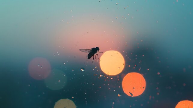 Fly on Rain-Streaked Window with Warm Bokeh Lights