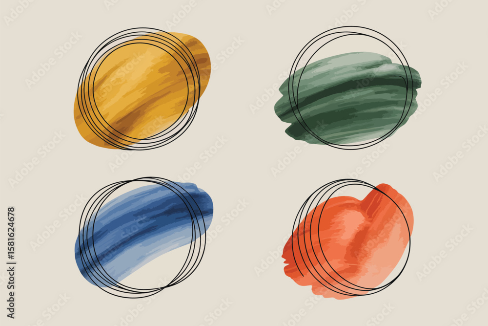 Poster watercolor abstract splashes in different colors with circular line art creates a modern art design 