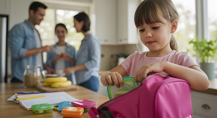Little girl preparing lunch for school with family in kitchen happy childhood morning routine 100